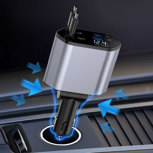 Chargeur de Voiture Rétractable 4 en 1 Charge Rapide et Polyvalente